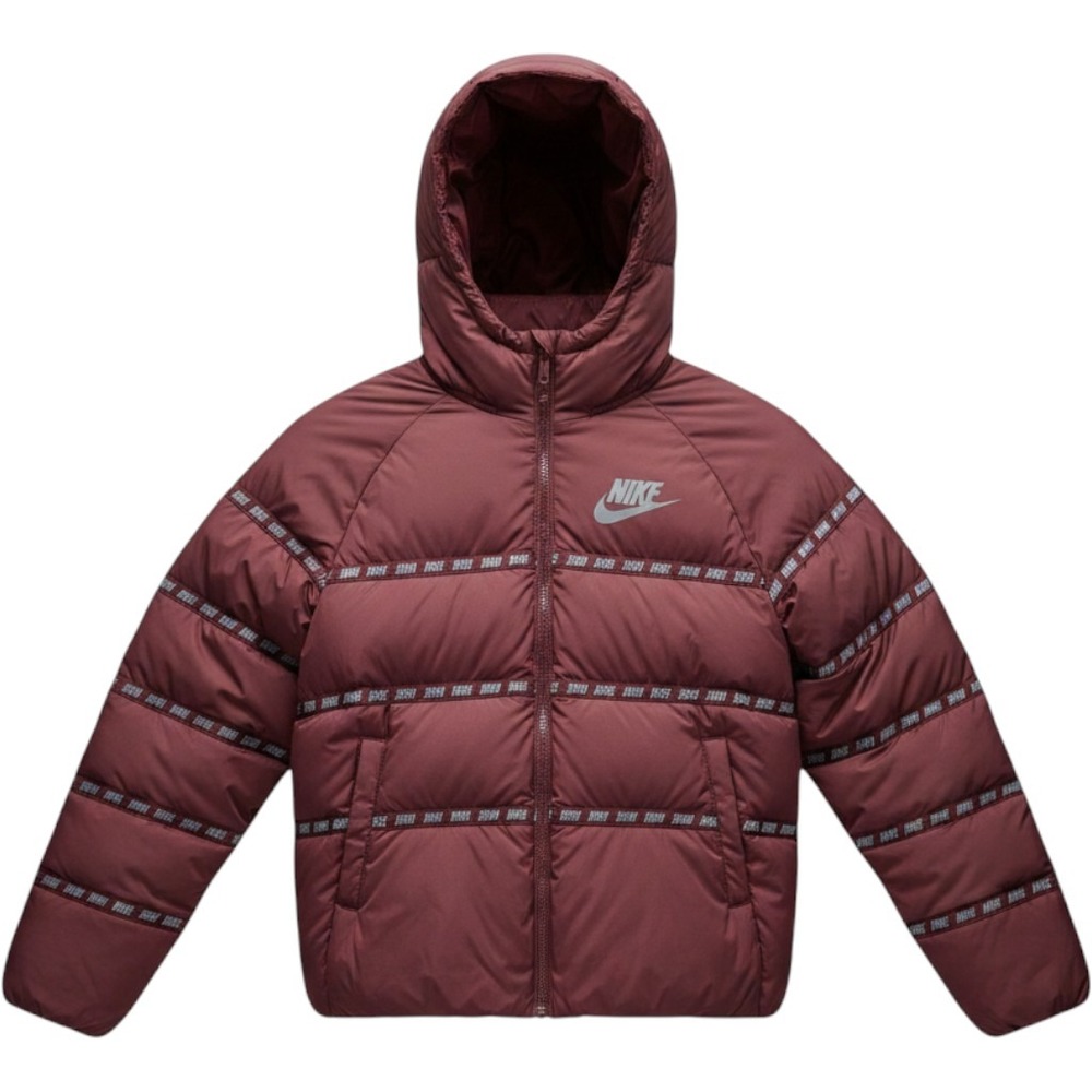 Nike Mens XL Burgundy Hooded Down Puffer Jacket Logo Tape Trim Standard Fit